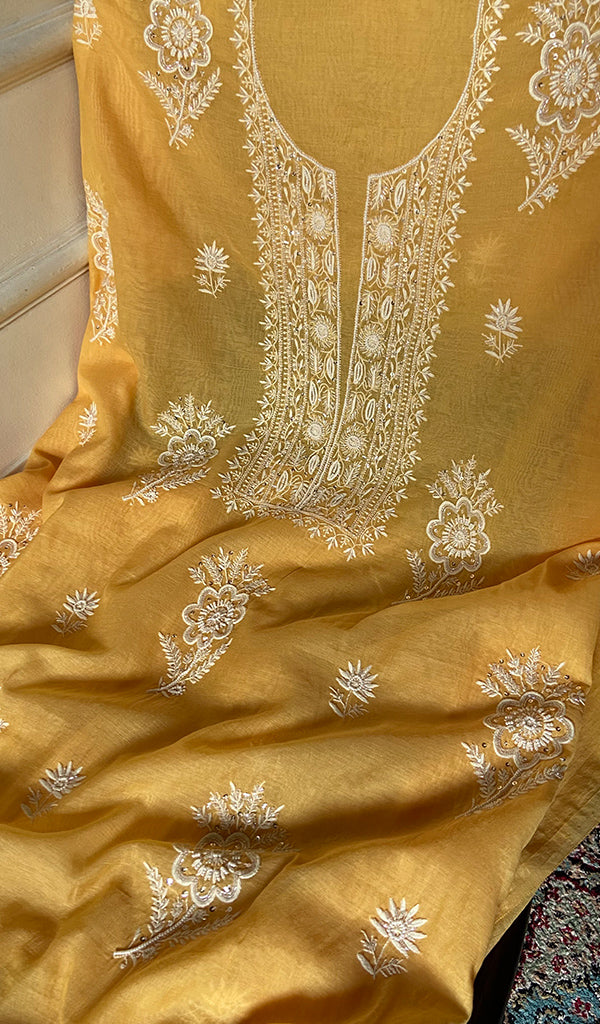 Women's Lakhnavi Handcrafted Mul Chanderi Unstitched Chikankari Full Suit Material - HONC0338250