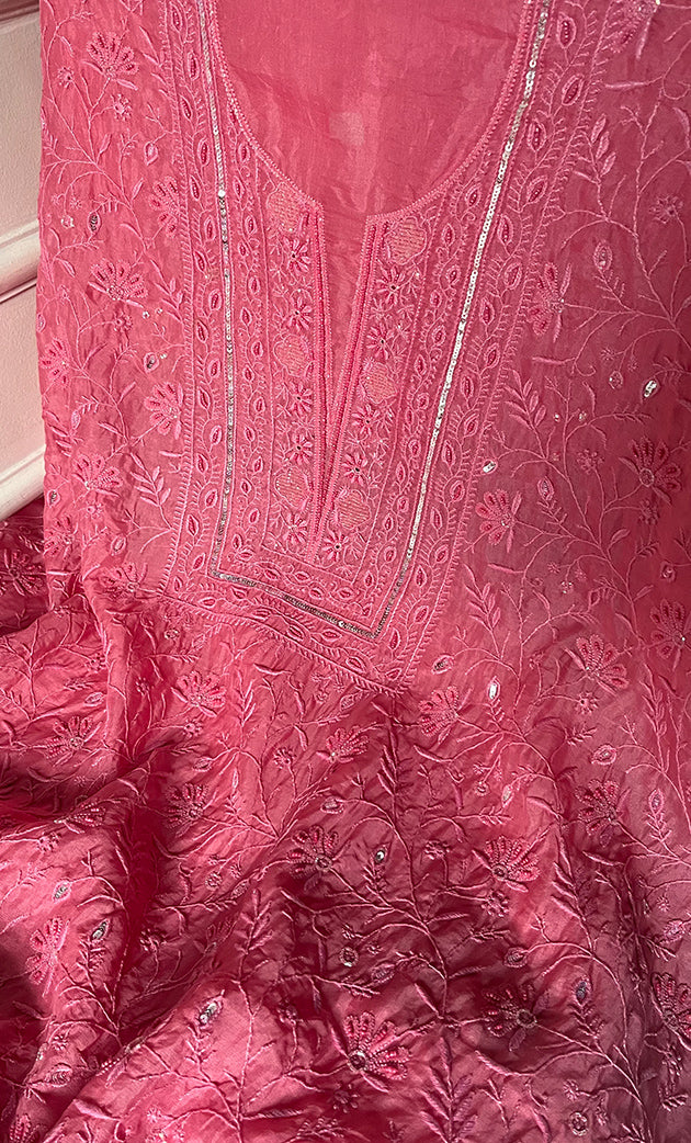 Women's Lakhnavi Handcrafted Pure Organza Chikankari Unstitched Kurta And Dupatta Set- HONC0327846