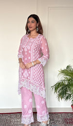 Women's Lucknowi Handcrafted Mul Chanderi Stitched Chikankari Short Kurta And Plazzo Set .