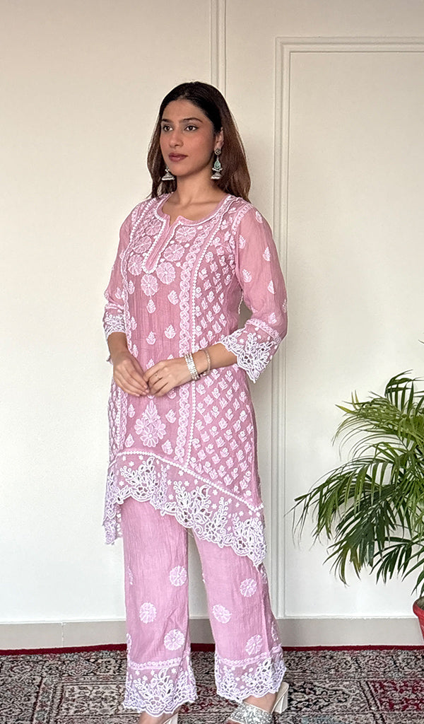 Women's Lucknowi Handcrafted Mul Chanderi Stitched Chikankari Short Kurta And Plazzo Set .