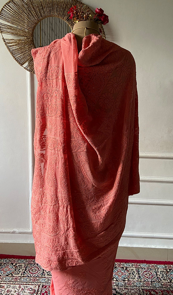 Women's Lakhnavi Handcrafted Pure Silk Georgette Chikankari Saree - HONC0309585