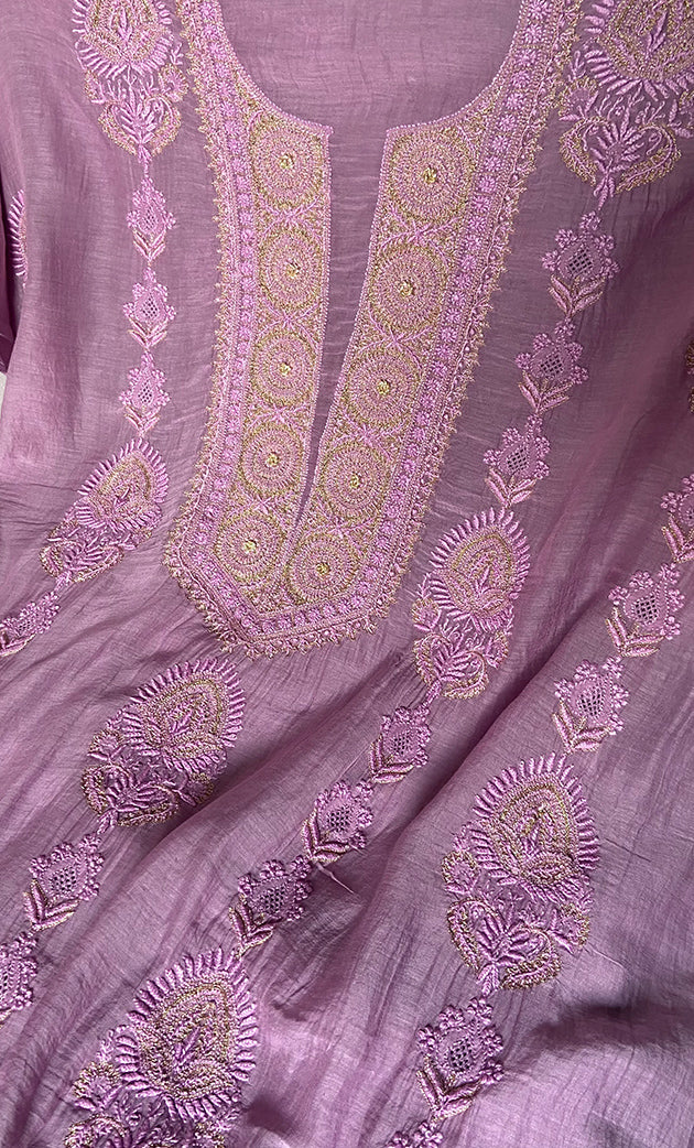 Javeria Women's Lakhnavi Handcrafted Mul Chanderi Unstitched Kurta And Dupatta Set- HONC0326153