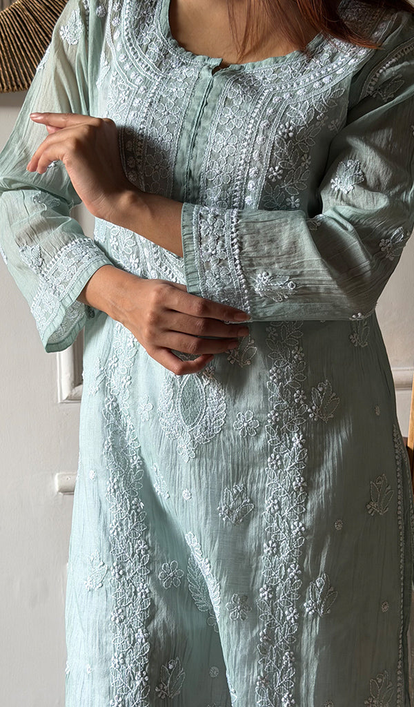 Arezo Women's Lucknowi Handcrafted Mul Chanderi Chikankari Kurti - HONC0345735
