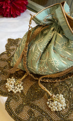 Load image into Gallery viewer, Green Chikankari Embroidered Potli Bag with White Bead Tassels - HONC0317196
