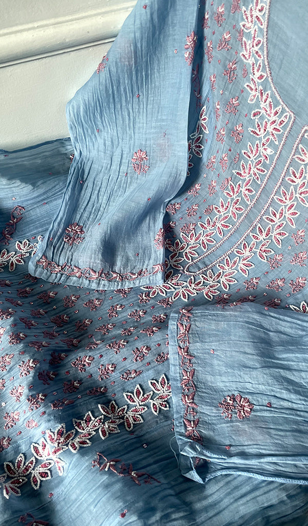 Saziya Women's Lakhnavi Handcrafted Mul Chanderi Semi - stitched Chikankari Full Suit Material - HONC0321285