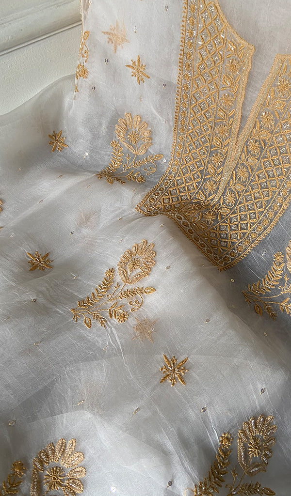 Women's Lakhnavi Handcrafted Pure Organza Chikankari Unstitched Kurta And Dupatta Set- HONC0340861