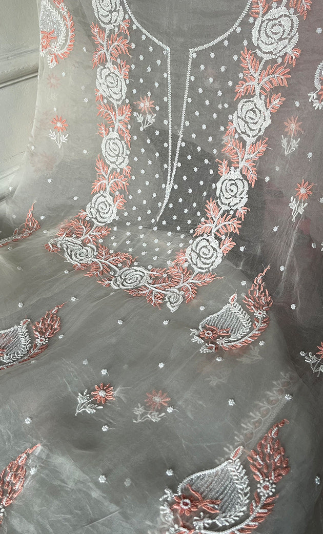 Gulaab Women's Lakhnavi Handcrafted Pure Organza Chikankari Unstitched Kurta And Dupatta Set- HONC0325122