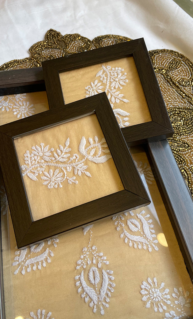 Handcrafted Chikankari Tray with Two Coasters – Wooden Frame - HONC031095