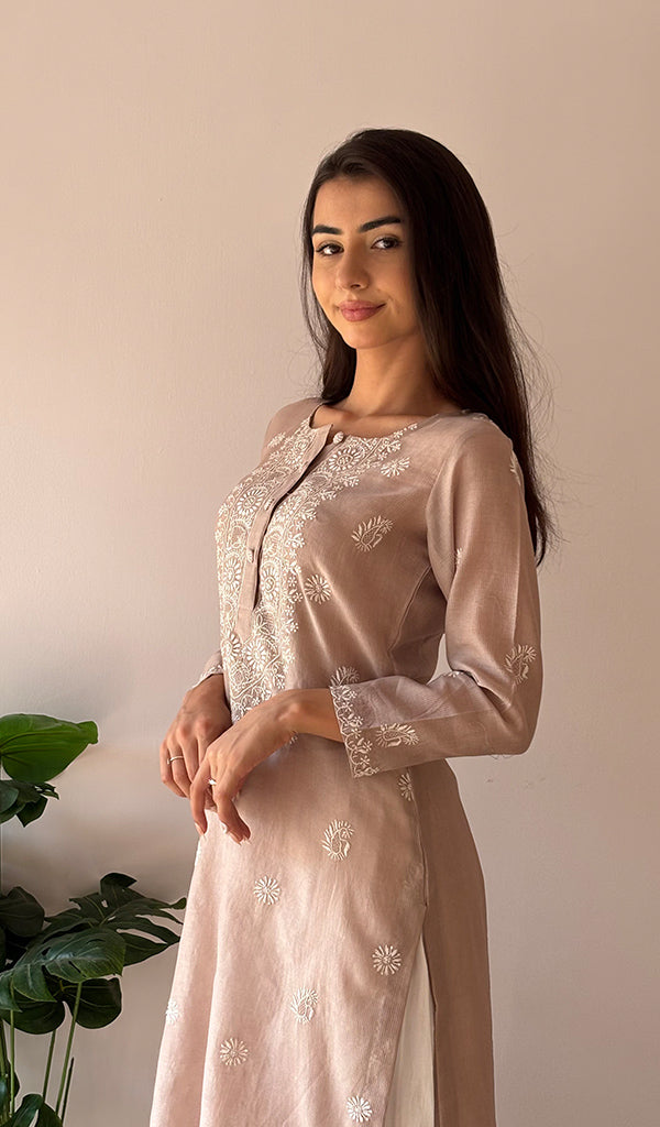 Women's Lakhnavi Handcrafted Maheshwari Mul Chanderi Chikankari Kurti - HONC0357548