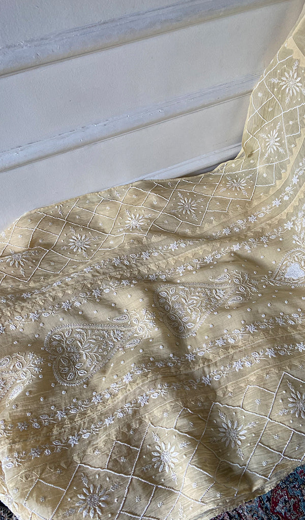 Women's Lakhnavi Handcrafted Mul Chanderi Semi - stitched Chikankari Full Suit Material - HONC0360094
