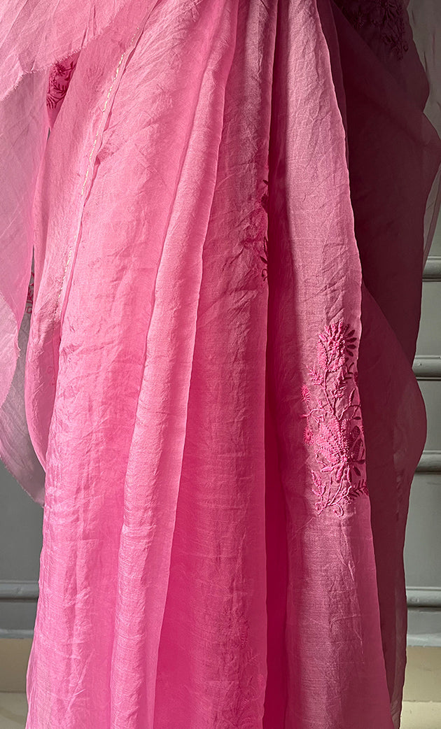 Women's Lucknowi Handcrafted Pure Organza Silk Chikankari Saree - HONC0273030