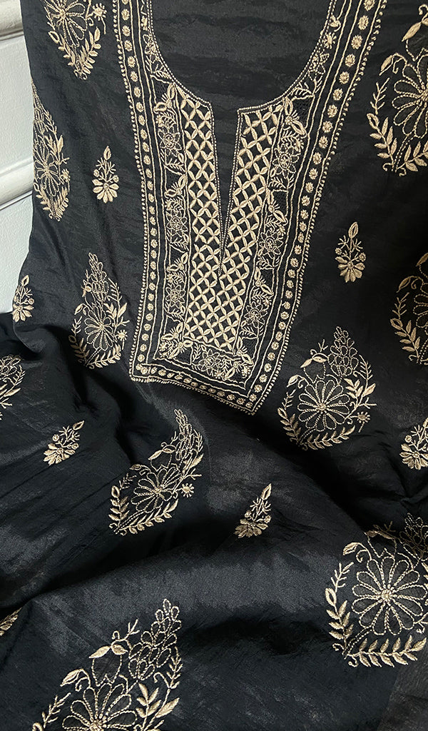 Women's Lakhnavi Handcrafted Mul Chanderi Unstitched Chikankari Full Suit - HONC0351095