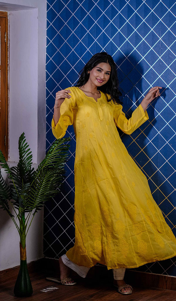 Alamzaib Women's Lucknowi Handcrafted Cotton Chikankari Anarkali Dress - HONC0212152