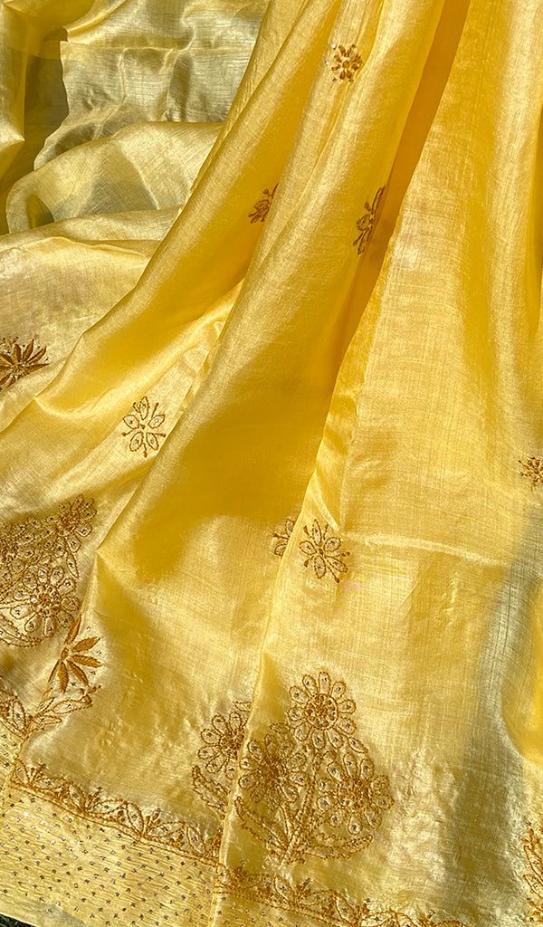 Women's Lakhnavi Handcrafted Tussar Silk Chikankari Saree - HONC0264385