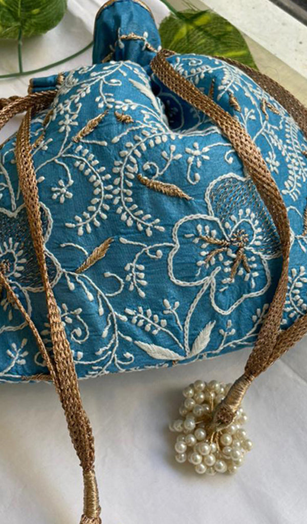 Green Chikankari Embroidered Potli Bag with Golden Bead Tassels - HONC0316098