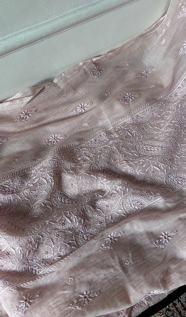 Women's Lakhnavi Handcrafted Mul Chanderi Semi - Stitched Chikankari Full Suit Material - HONC0355837