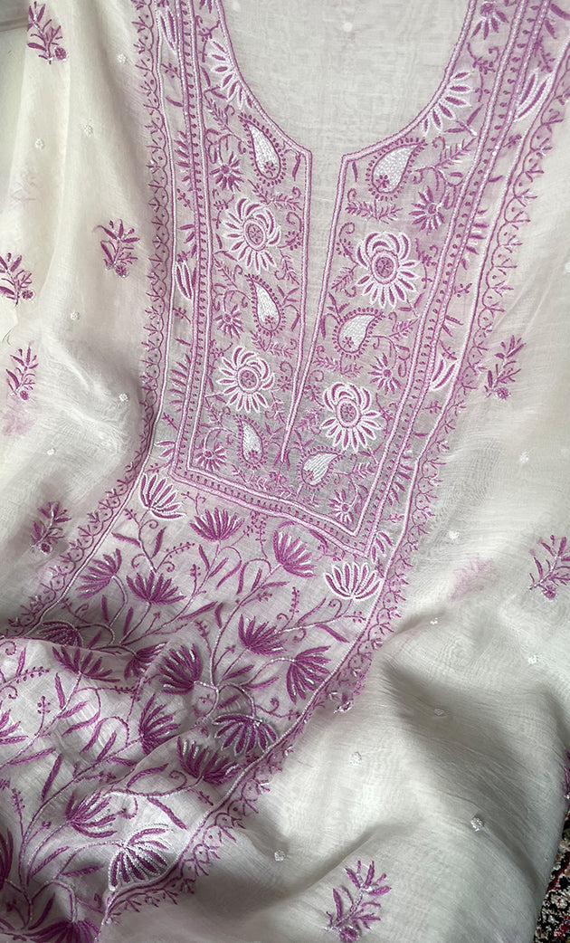 Women's Lakhnavi Handcrafted Unstitched Mul Chanderi Kurta And Dupatta Set - HONC0327488