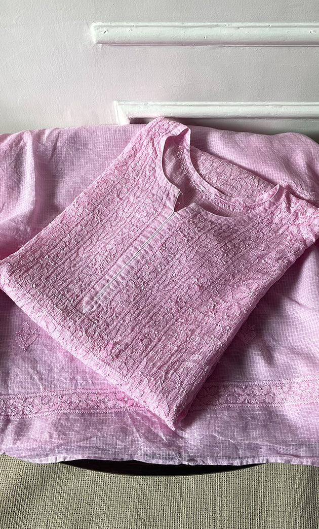 Women's Lakhnavi Handcrafted Kota Cotton Semi - Stitched Kurta And Dupatta Set- HONC0314211