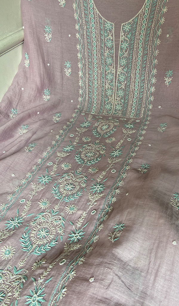 Women's Lakhnavi Handcrafted Mul Chanderi Unstitched Chikankari Full Suit - HONC0371974