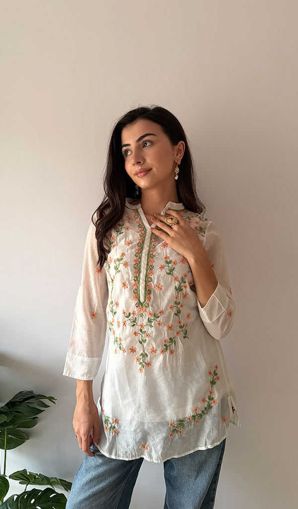 Sophia Women's Lakhnavi Handcrafted Mul Chanderi Chikankari Top - HONC0373010