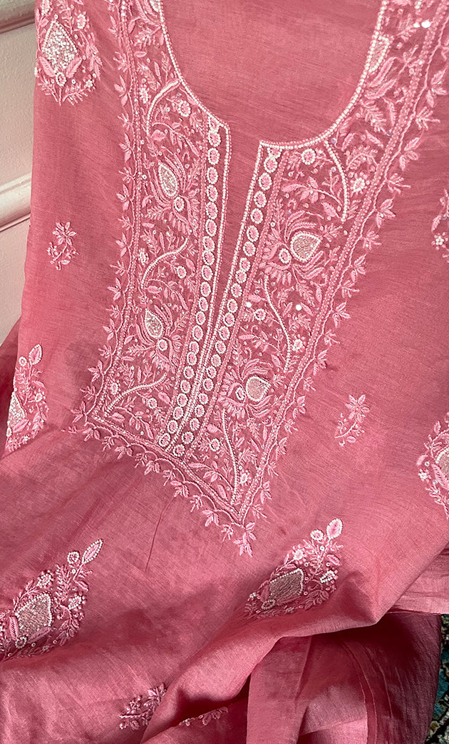 Women's Lakhnavi Handcrafted Mul Chanderi Unstitched Chikankari Full Suit Material - HONC0295753