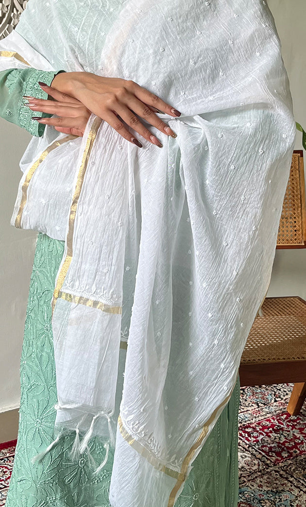 Women's Lakhnavi Handcrafted Mul Chanderi Chikankari Dupatta - HONC0324055