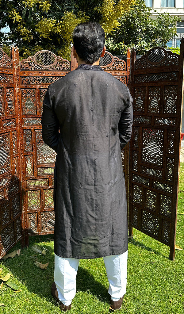 Men's Lucknowi Handcrafted Chanderi Chikankari Silk Kurta - HONC03224290