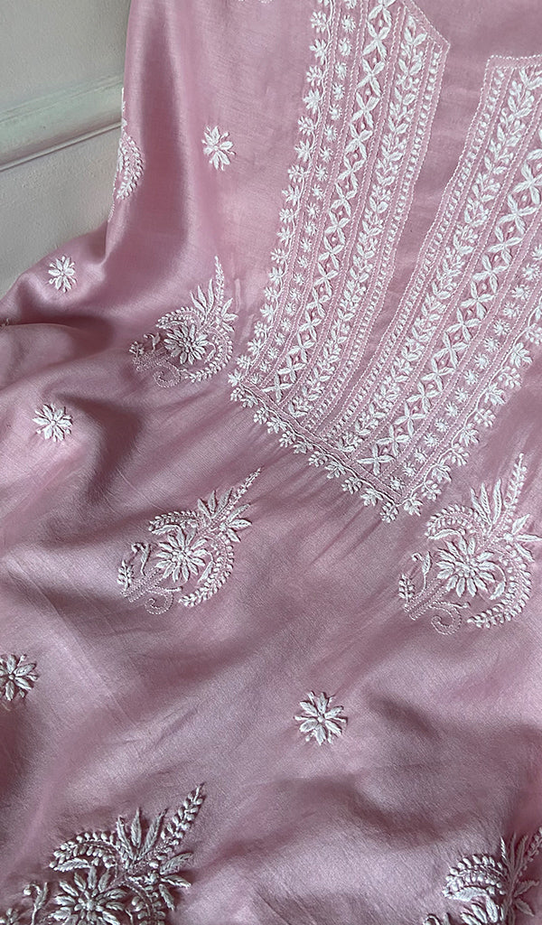 Women's Lakhnavi Handcrafted Chanderi Silk Unstitched Chikankari Full Suit - HONC0340141