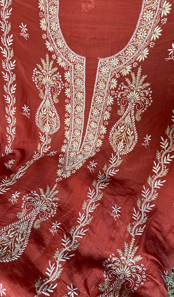 Women's Lakhnavi Handcrafted Mul Chanderi Unstitched Kurta And Dupatta Set - HONC0365688