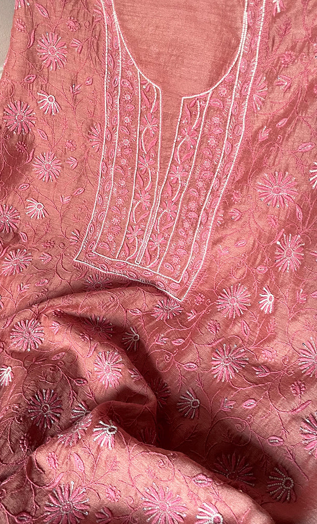 Women's Lakhnavi Handcrafted Unstitched Munga Silk Chikankari Kurta And Dupatta Set- HONC0280939