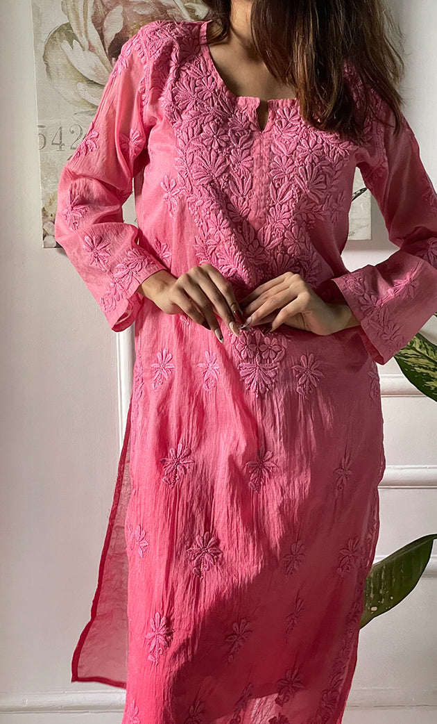 Women's Lucknowi Handcrafted Mul Chanderi Chikankari Kurti - HONC0308046