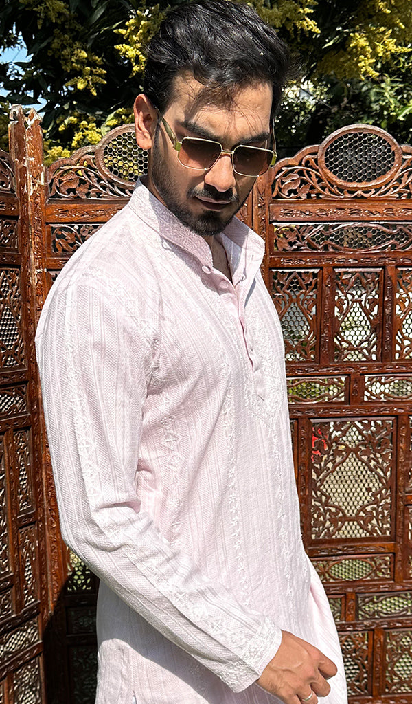 Men's Lucknowi Handcrafted Cotton Chikankari Kurta - HONC0335276