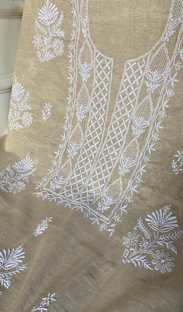 Women's Lakhnavi Handcrafted Tissue Chanderi Unstitched Chikankari Kurta And Dupatta Set - HONC0324413