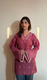 Rust Pure Mul Chanderi Chikankari Stitched Short Kurti