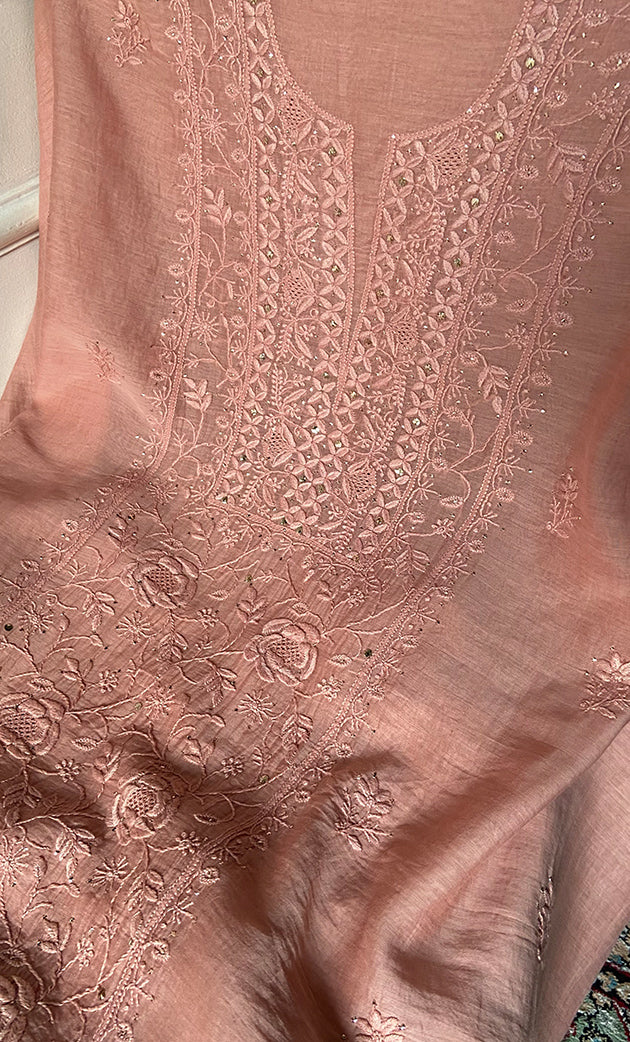 Women's Lakhnavi Handcrafted Mul Chanderi Unstitched Chikankari Full Suit Material - HONC0324500