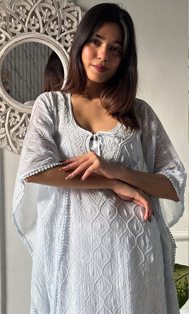 Rabia Women's Lucknowi Handcrafted Mul chanderi Chikankari Kaftan - HONC0326231