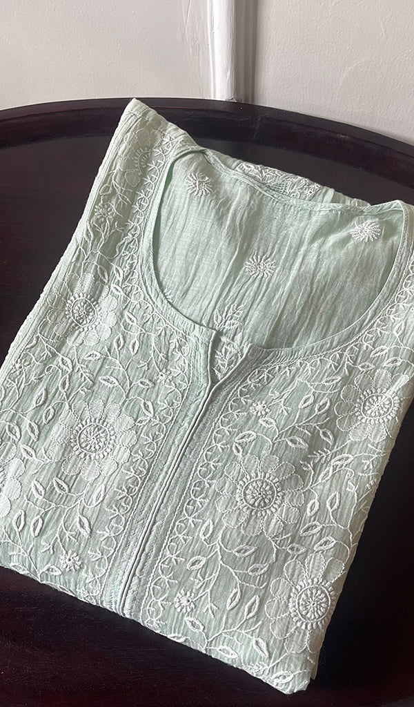 Women's Lakhnavi Handcrafted Mul Chanderi Chikankari Semi -Unstitched Kurti Fabric - HONC0249711