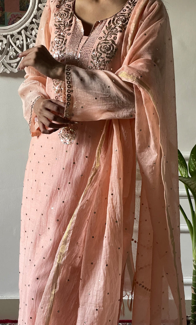 Women's Lakhnavi Handcrafted Mul Chanderi Chikankari Stitched Kurta, Dupatta And Pant Set - HONC03224190