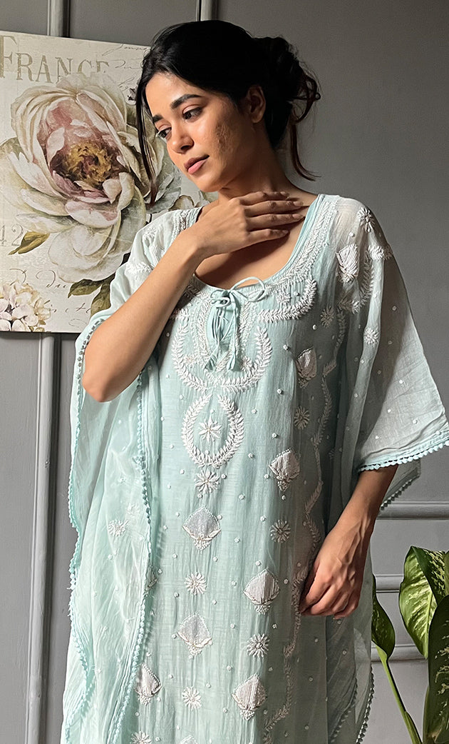 Rabia Women's Lucknowi Handcrafted Mul chanderi Chikankari Kaftan - HONC0304373