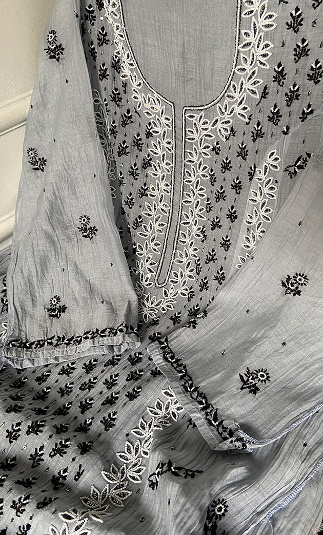 Saziya Women's Lakhnavi Handcrafted Mul Chanderi Semi - Stitched Kurta And Dupatta Set - HONC0339562