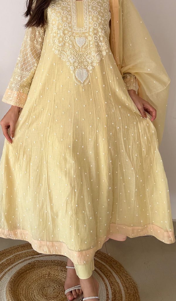 Women's Lucknowi Handcrafted Mul Chanderi Stitched Chikankari Anarkali , Dupatta With pant Set- HONC0328254