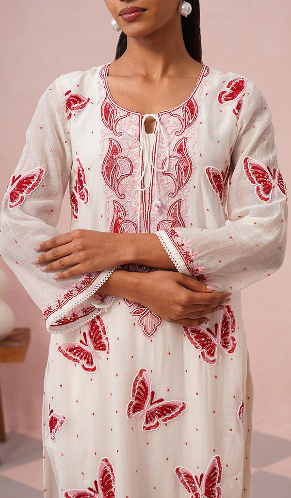 Titlee Women's Lakhnavi Handcrafted Mul Chanderi Chikankari Stitched Kurta, Dupatta And Pant Set - HONC0659745