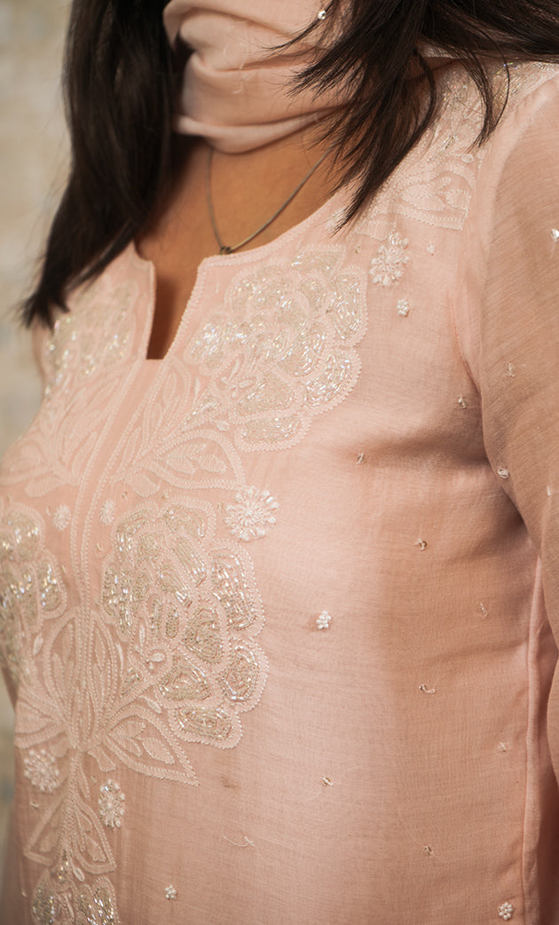 Women's Lakhnavi Handcrafted Mul Chanderi Chikankari Stitched Kurta, Dupatta And Pant Set - HONC0324260