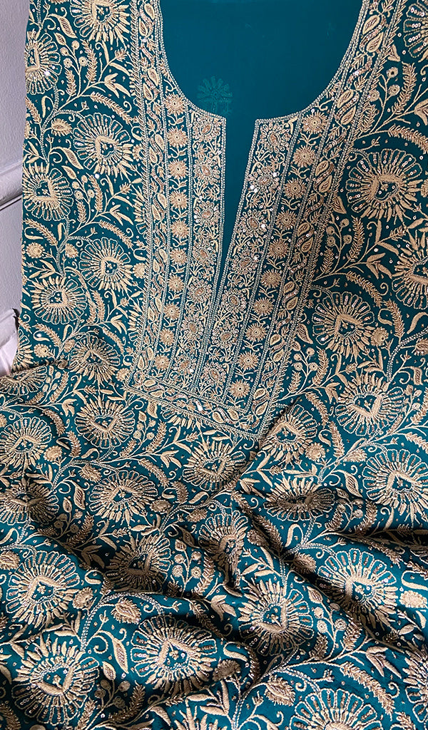 Women's Lakhnavi Handcrafted Pure Silk Georgette Chikankari Kurta And Dupatta Set - HONC0346865