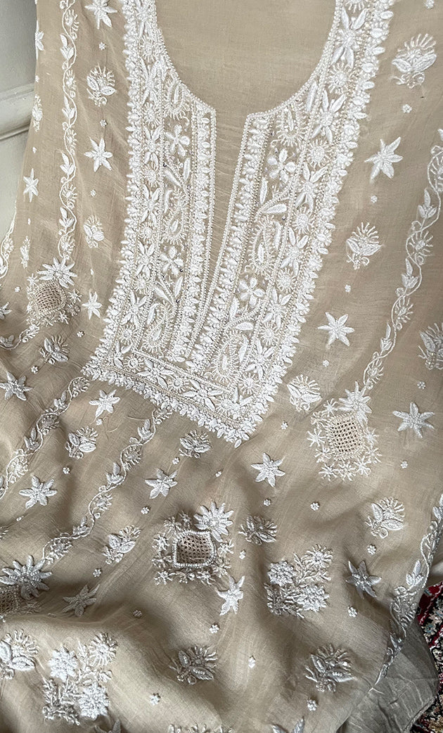 Women's Lakhnavi Handcrafted Unstitched Mul Chanderi Kurta And Dupatta Set - HONC0329035