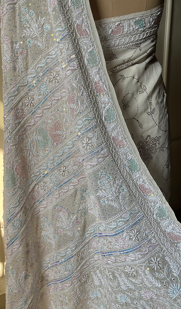 Women's Lakhnavi Handcrafted Pure Silk Georgette Chikankari - HONC0202451