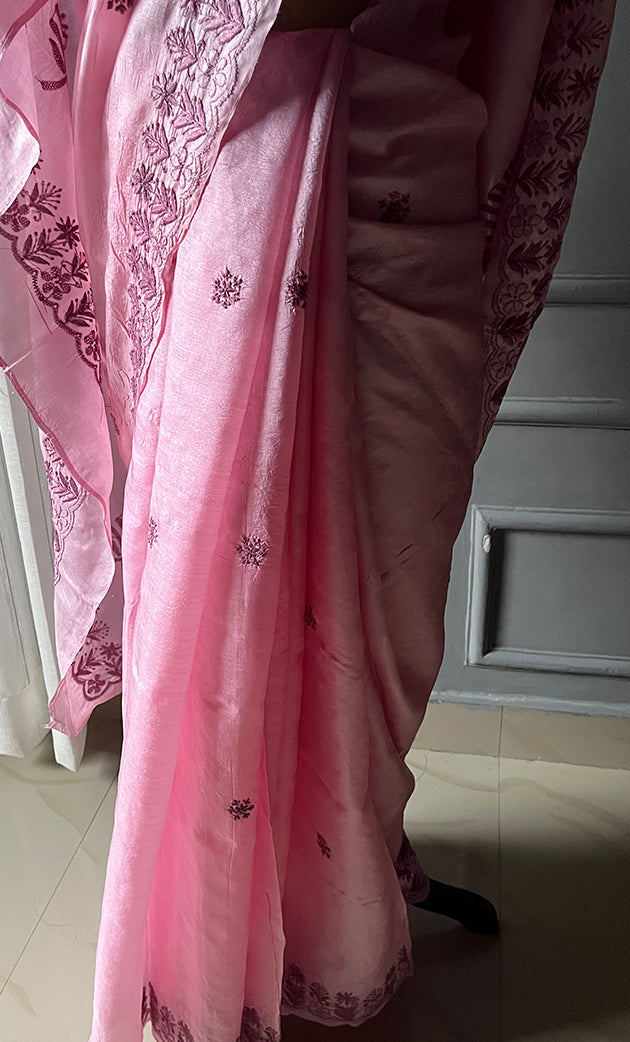 Women's Lakhnavi Handcrafted Tussar Silk Chikankari Saree - HONC0284161