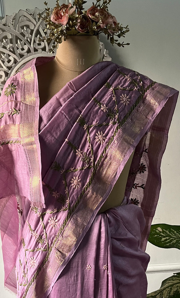 Women's Lakhnavi Handcrafted Mul Chanderi Chikankari Saree - HONC0312055