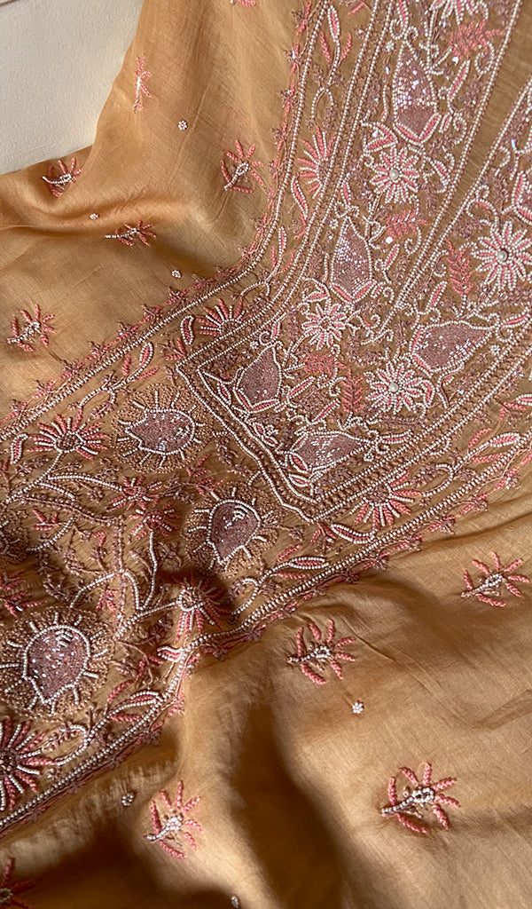 Women's Lakhnavi Handcrafted Mul Chanderi Unstitched Chikankari Full Suit - HONC0343187