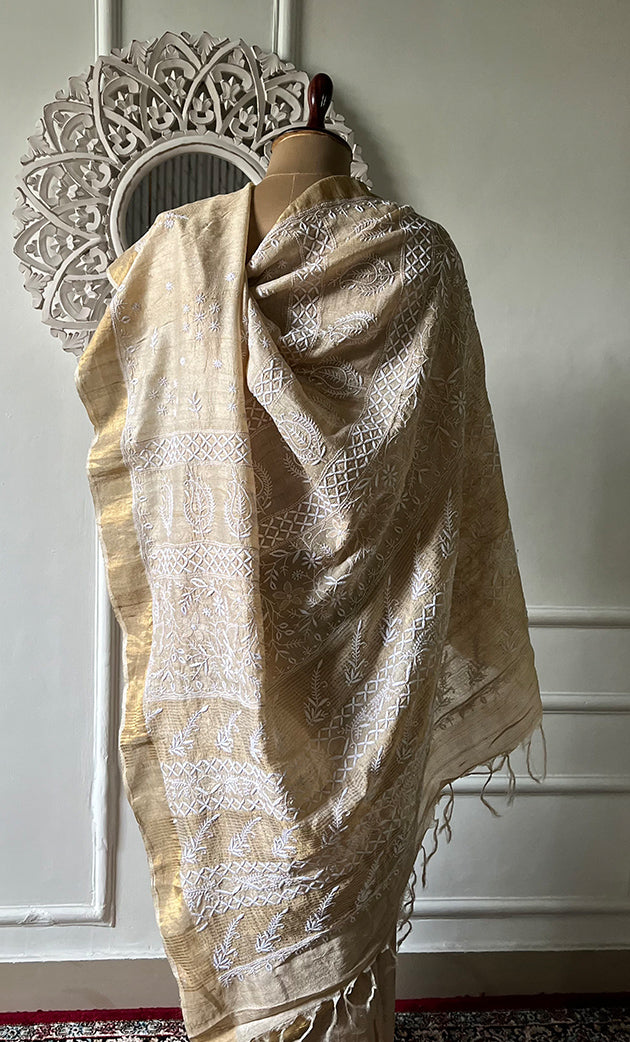 Women's Lakhnavi Handcrafted Munga Silk Chikankari Saree - HONC0314647